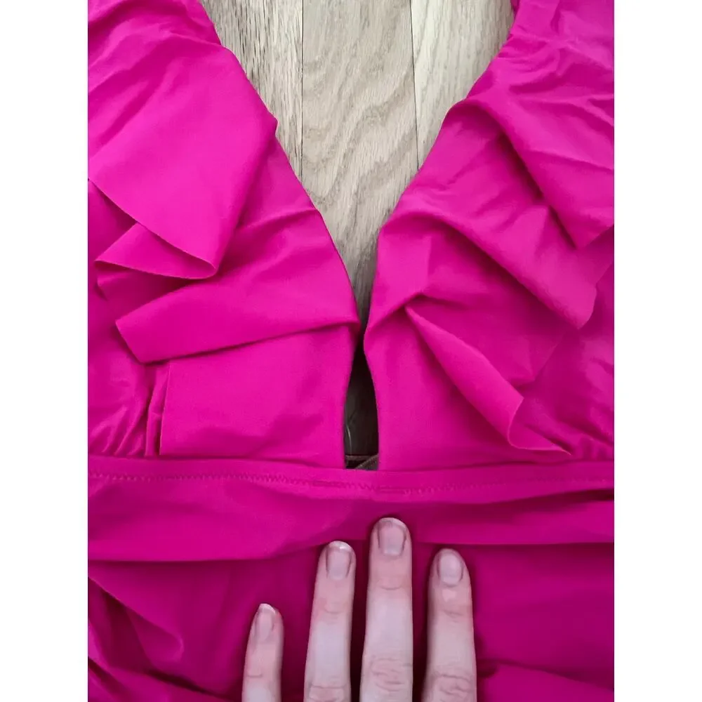 NWT J. Crew Pink Fushia One Piece Swim Suit Ruched Ruffle V Neck Women's 4 - Picture 4 of 9